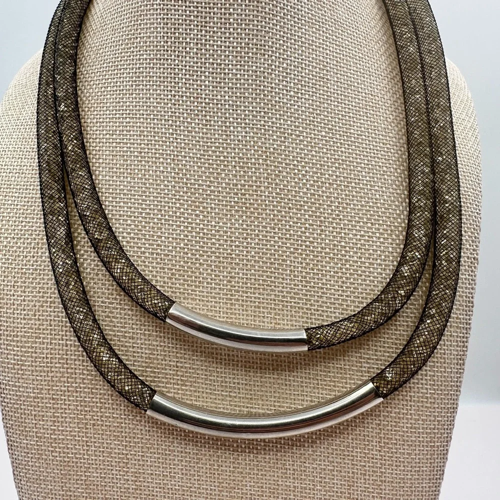 Vintage 90s Black Mesh Double Strand Glass Stone Necklace Silver Tone
